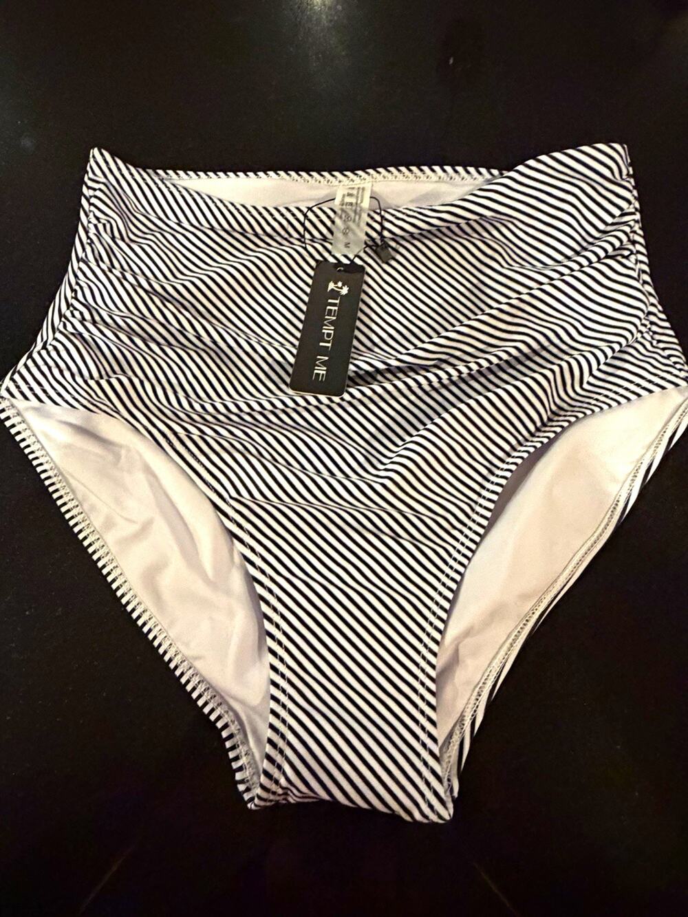 Tempt Me Women’s Black/White Striped High-Waisted Bikini Swim Bottom, Size M